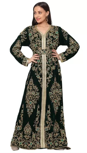 Designer Wedding Dress Crystal Embroidered Kaftan in Dark Green Velvet