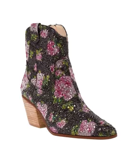 Diva Black Floral Rhinestone Ankle Boots