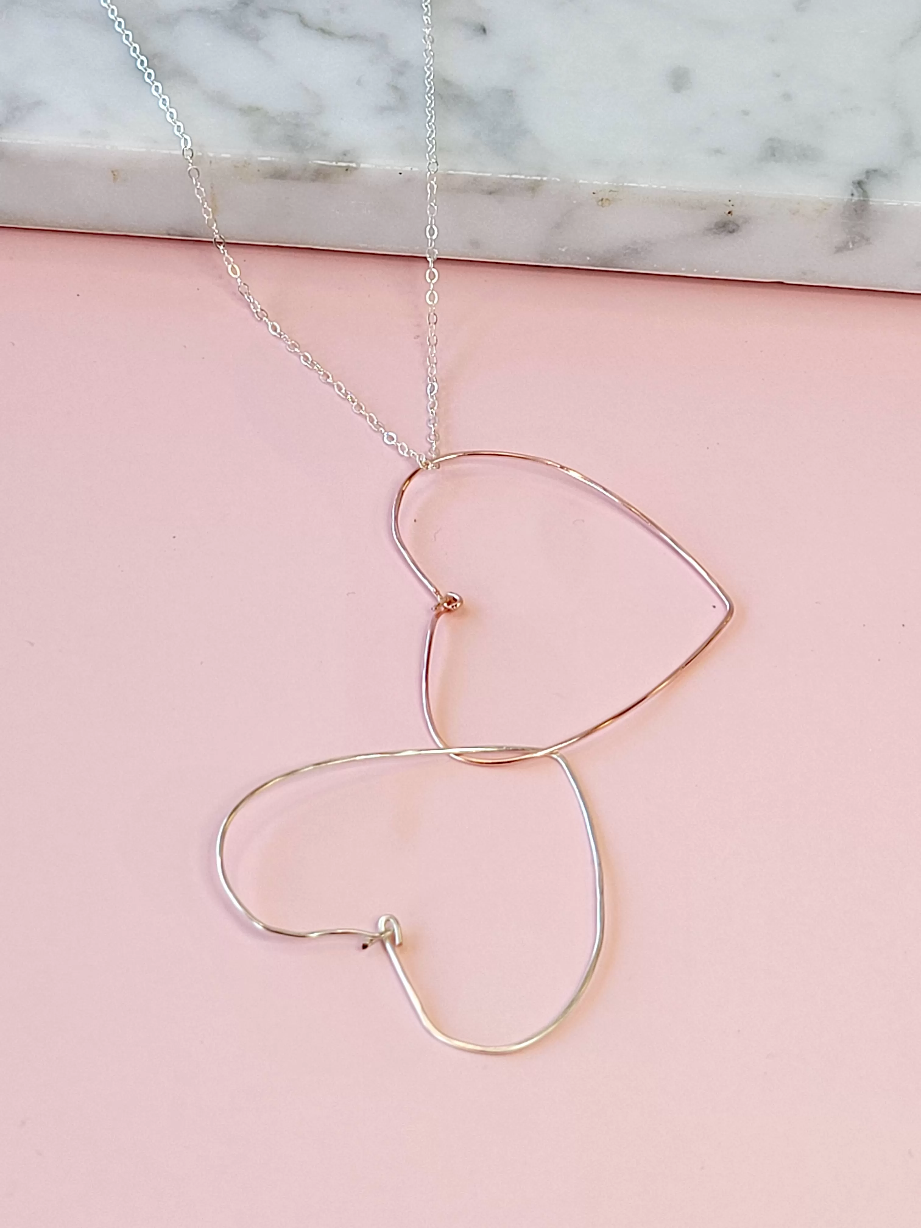 Double Drop Heart Necklace in Rose Gold and Silver