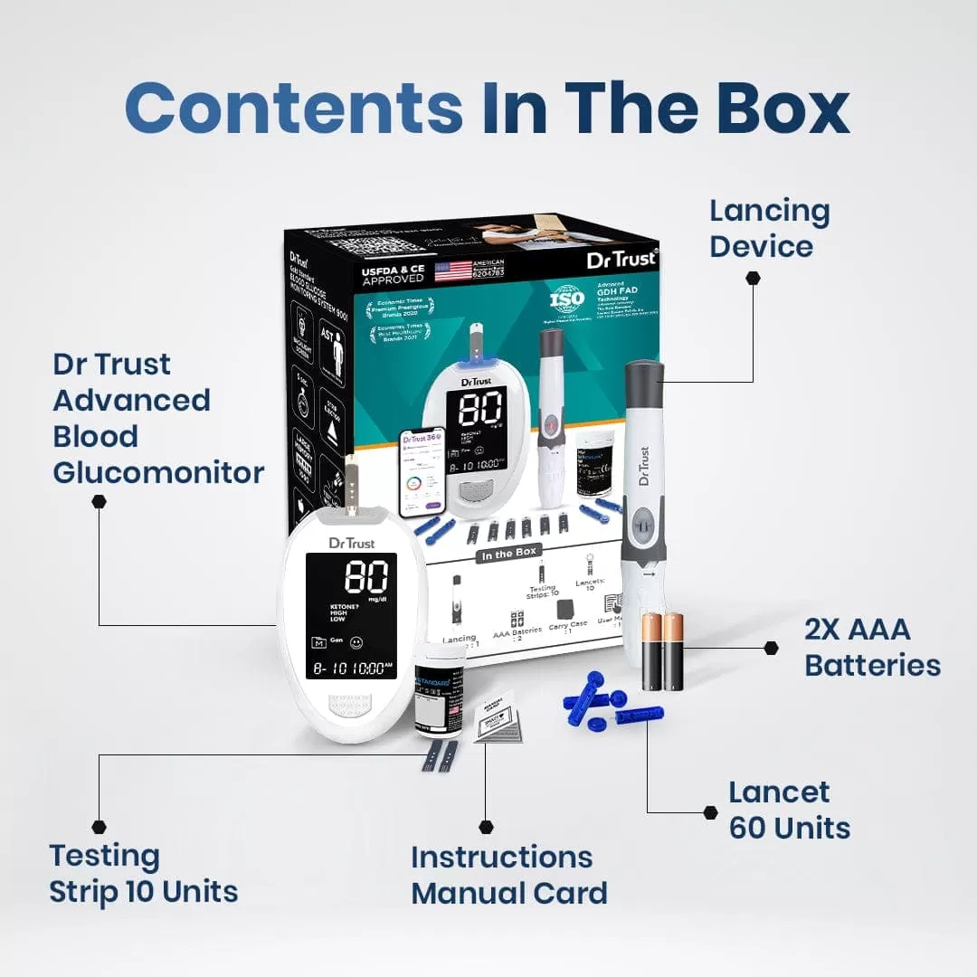 Dr Trust USA Gold Standard Glucometer Machine Sugar Testing Machine (White) 9002 with 60 Strips