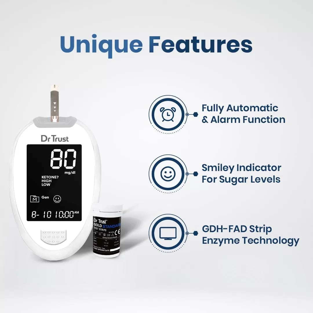 Dr Trust USA Gold Standard Glucometer Machine Sugar Testing Machine (White) 9002 with 60 Strips