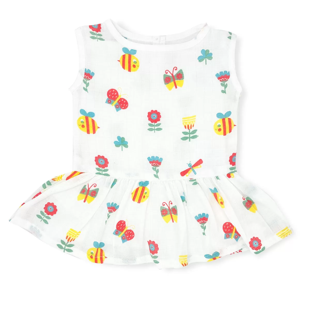 Drop Waist Muslin Frock for Baby Girl -  Sleeveless Organic Cotton -Garden