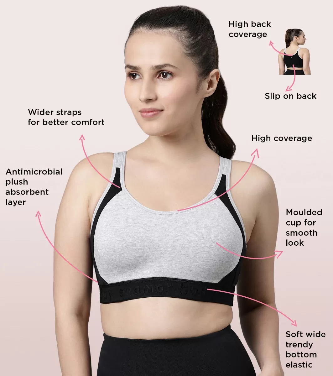 Enamor Agion SB28 Antimicrobial Side Shaper Active Sports Bra for Women - Non Padded, Wirefree and High Coverage - Grey Melange