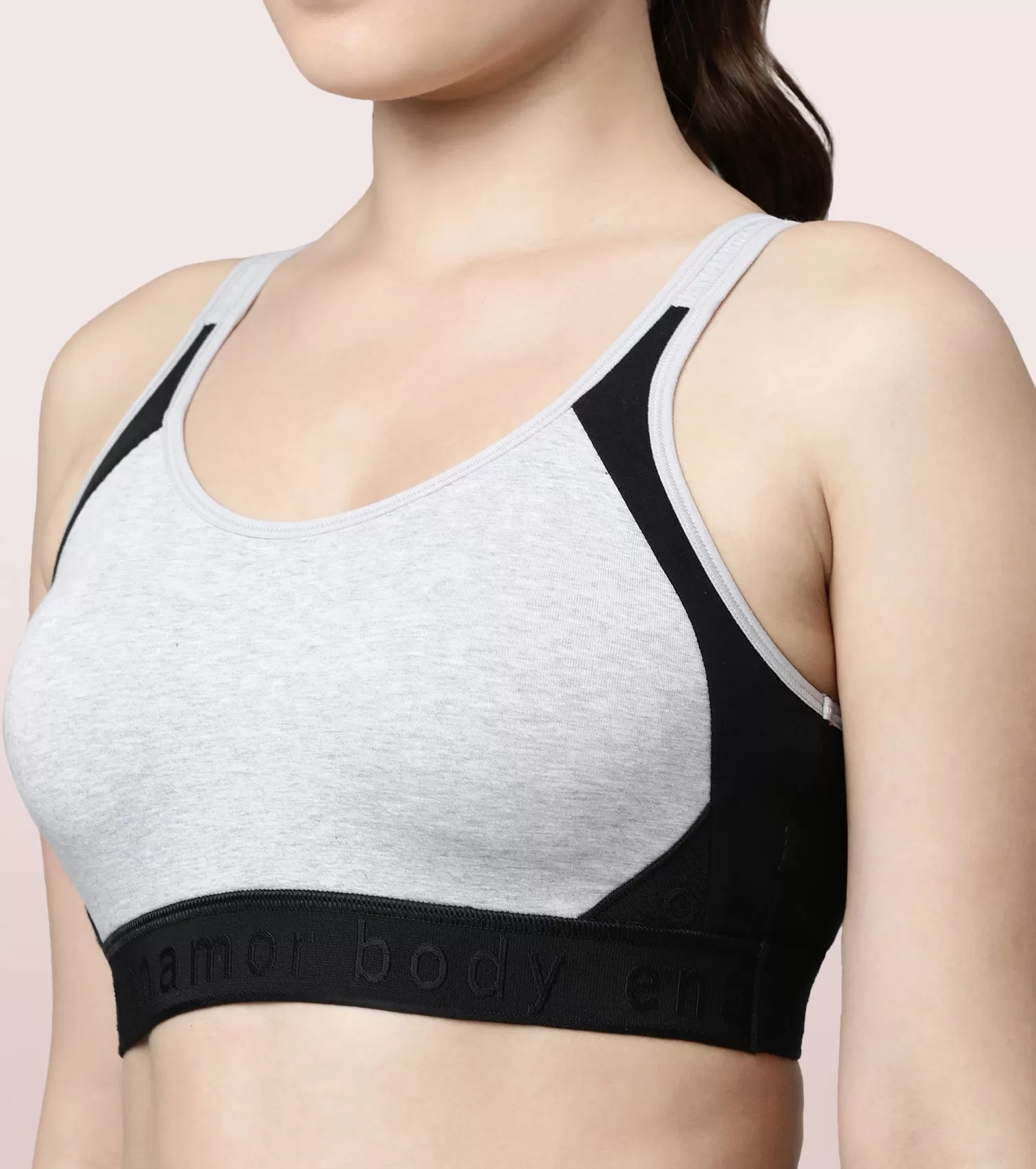 Enamor Agion SB28 Antimicrobial Side Shaper Active Sports Bra for Women - Non Padded, Wirefree and High Coverage - Grey Melange