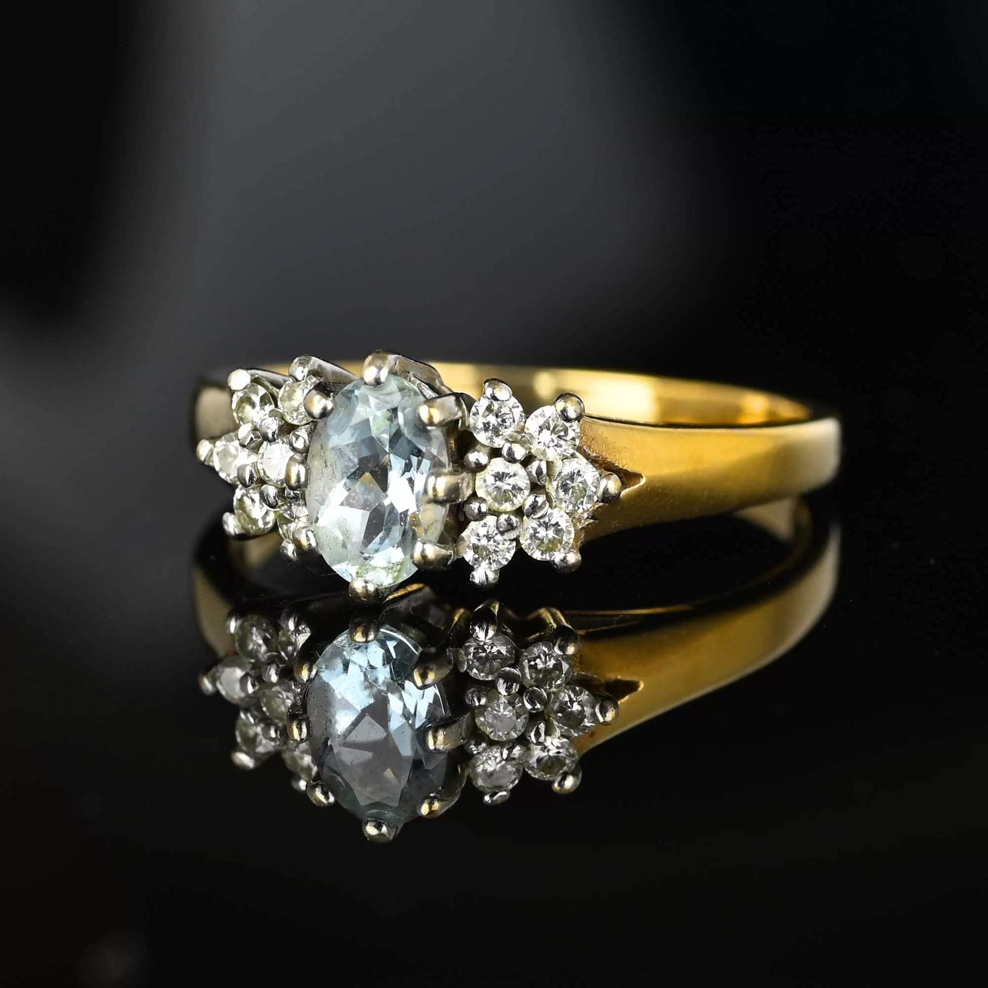 Estate Diamond Cluster Aquamarine Ring in Gold