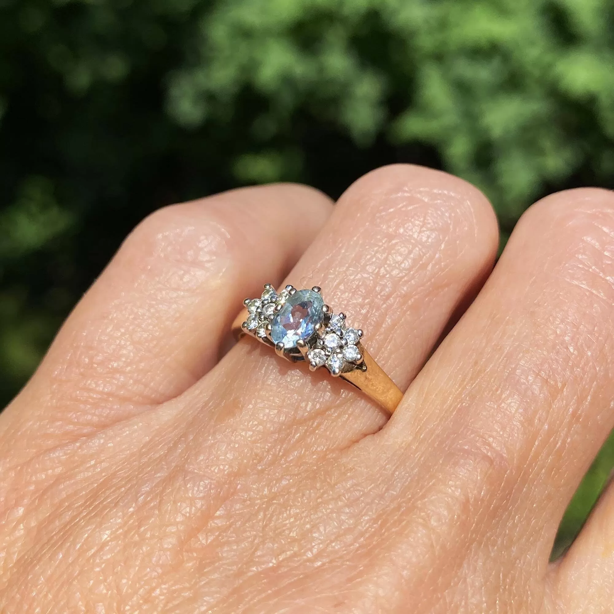 Estate Diamond Cluster Aquamarine Ring in Gold