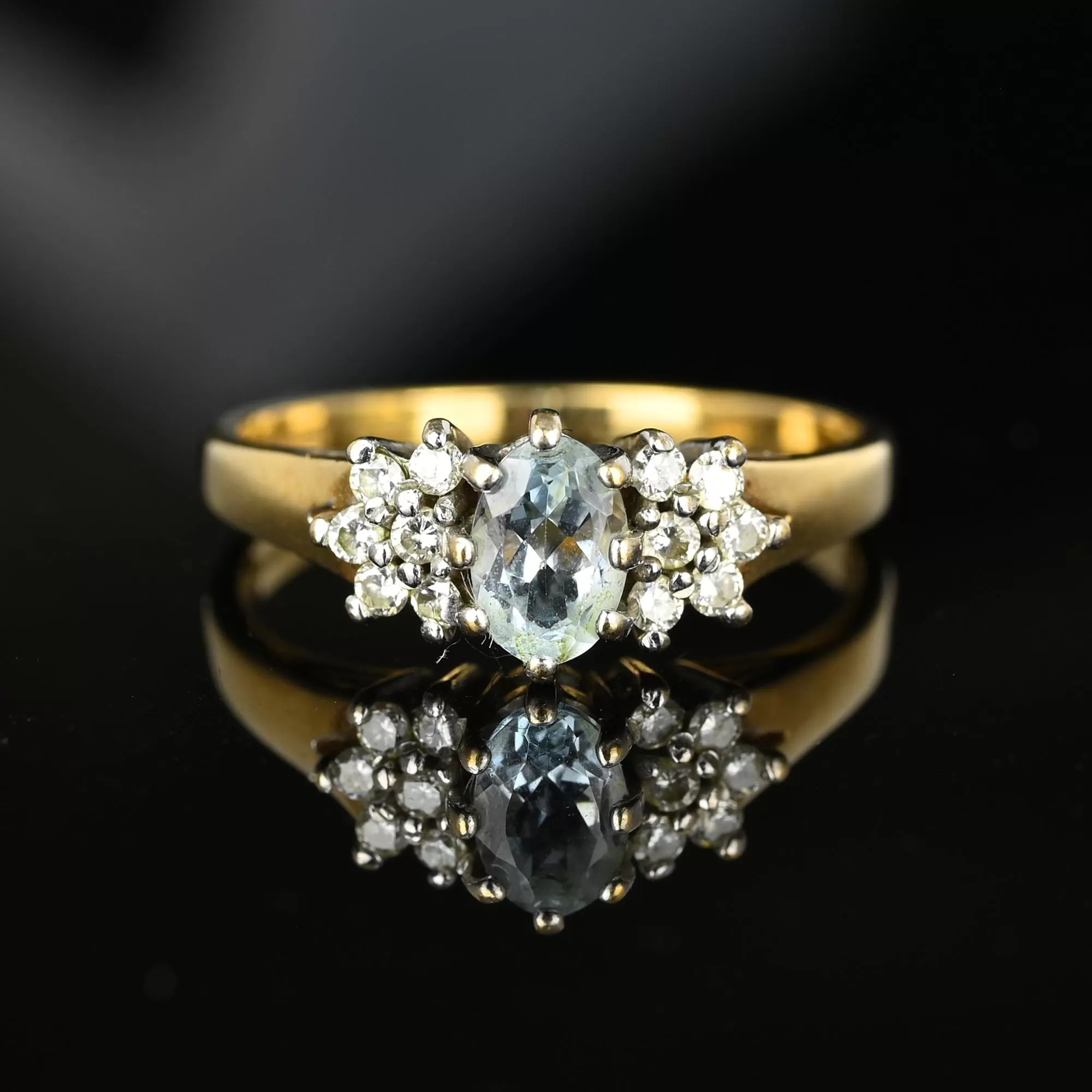 Estate Diamond Cluster Aquamarine Ring in Gold