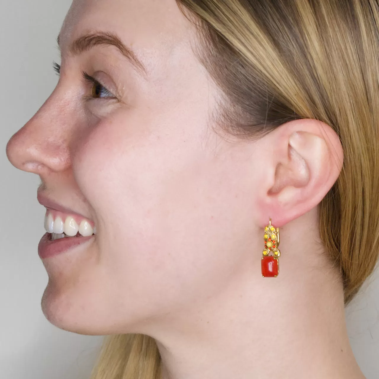 Fiery Carnelian and Swarovski Crystal Gold Drop Earrings by AMARO