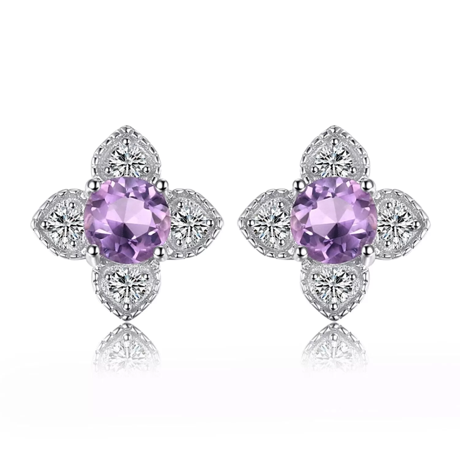 Fine Flower Amethyst Silver Stud Earrings