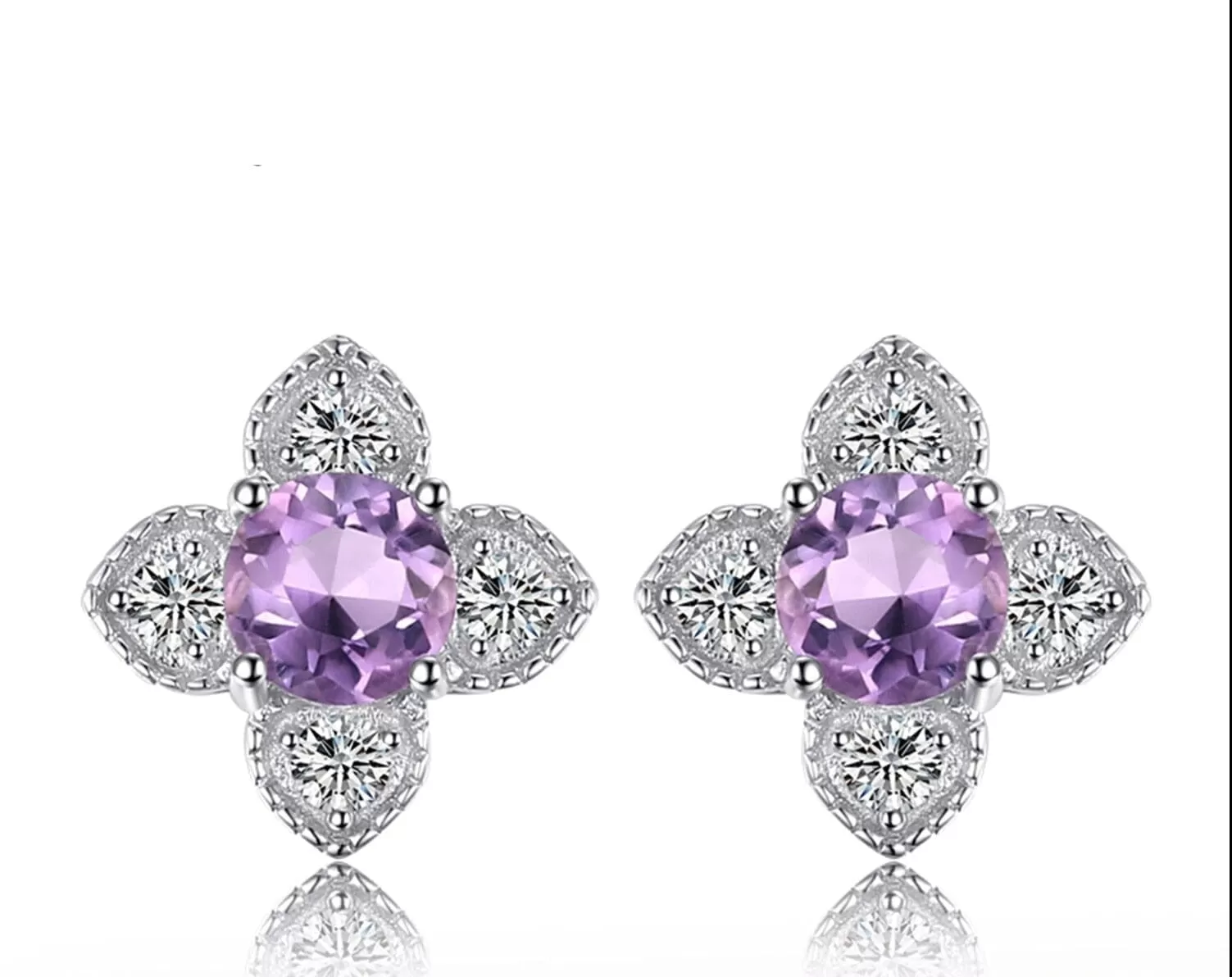 Fine Flower Amethyst Silver Stud Earrings