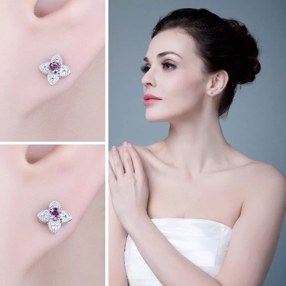 Fine Flower Amethyst Silver Stud Earrings