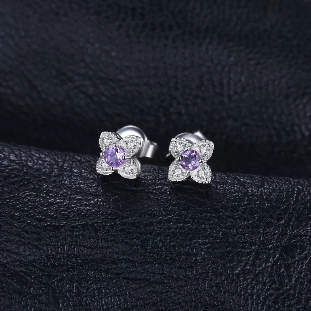 Fine Flower Amethyst Silver Stud Earrings