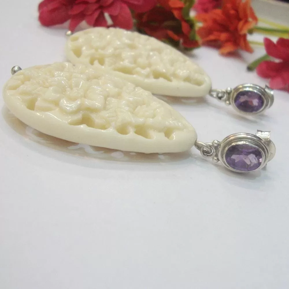 Floral Amethyst Earring , 925 Sterling Silver Dangle Earrings For Woman, Handmade Earrings, Hand Carved OX Bone Earrings, Gift for her