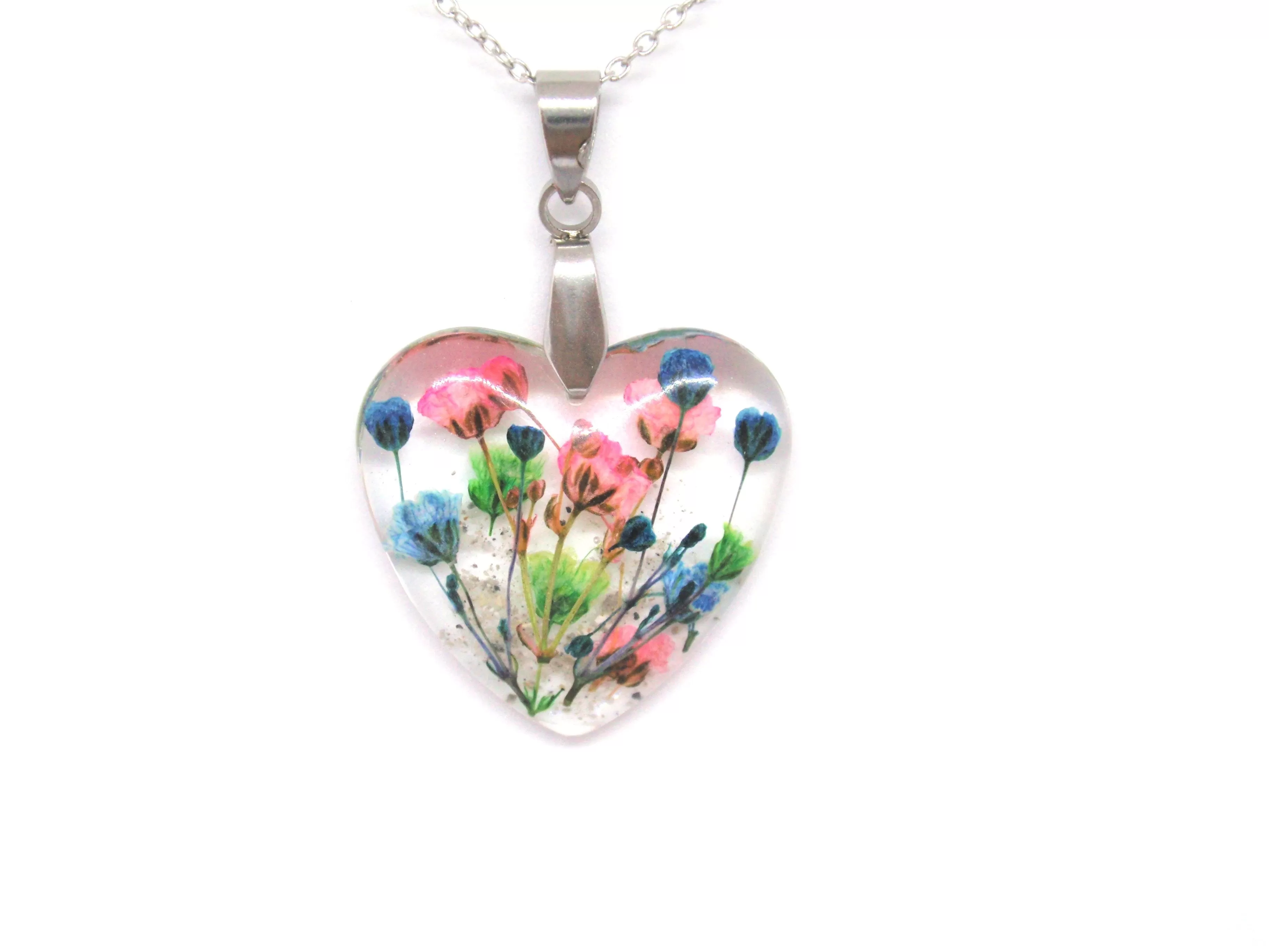 Flower Heart Necklace with Real Flower and Cremains