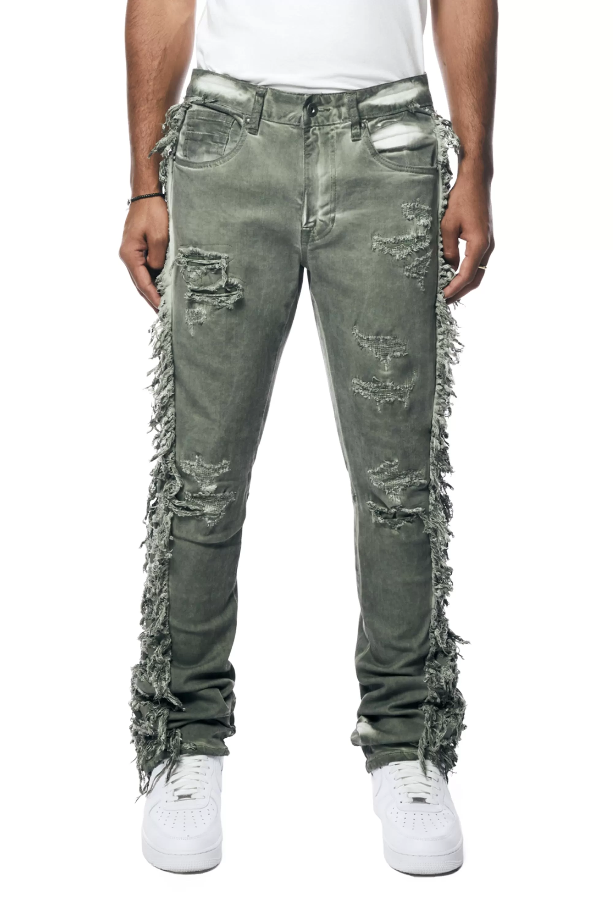 Frayed Stacked Pigment Dyed Pants - Vintage Army