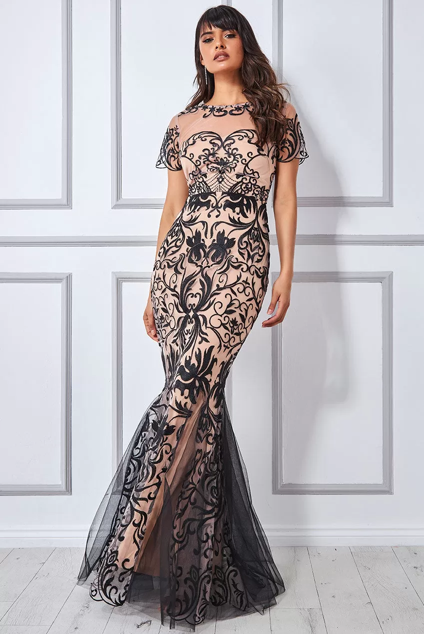 Goddiva Embroidered Mesh & Lace Maxi With Scalloped Hem