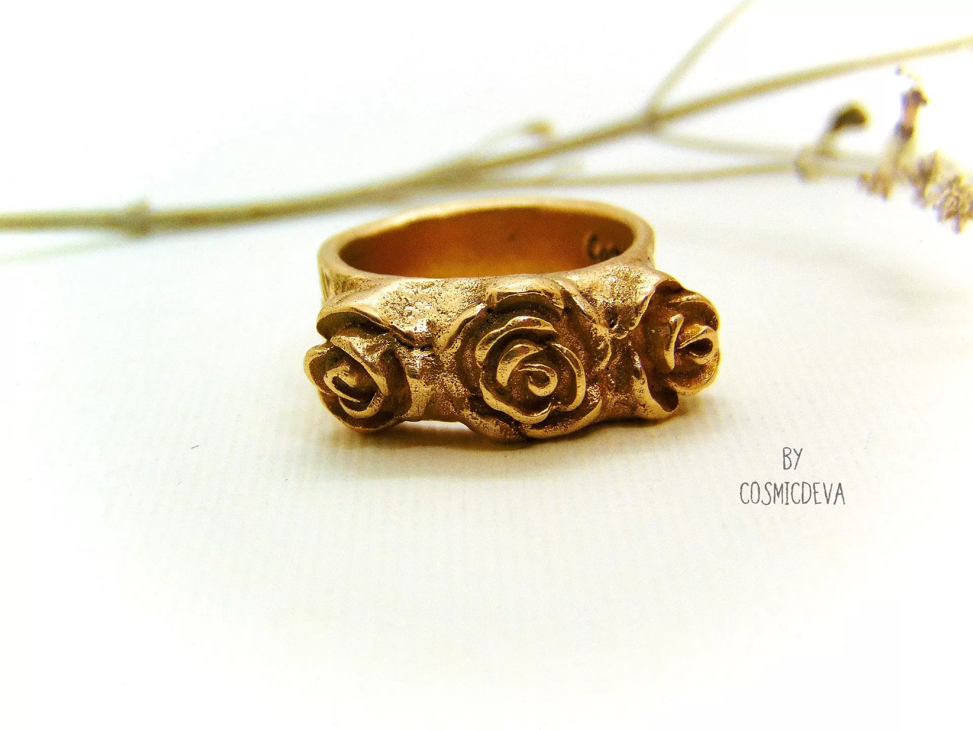 Gold Bronze Ring Three Roses,  Organic Bronze Ring Roman Style, US Size 6 1/2 Ring