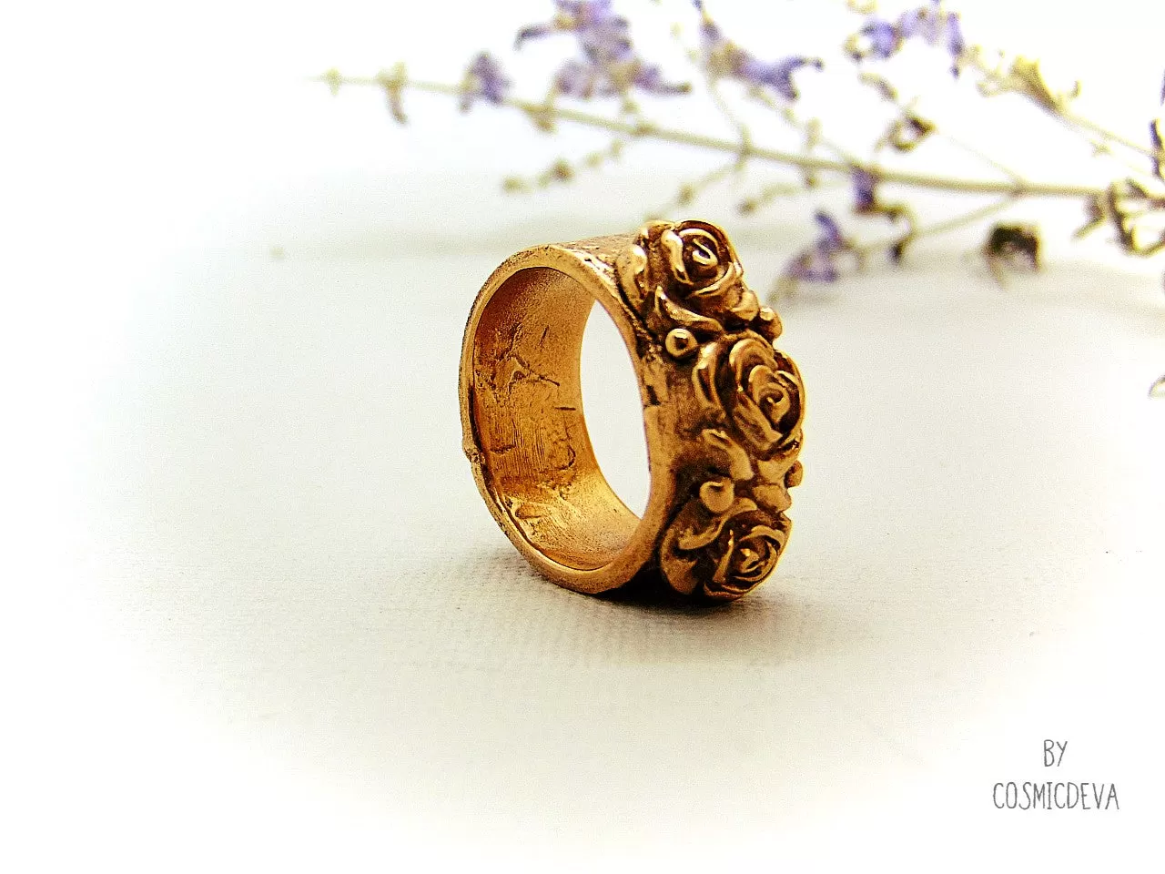 Gold Bronze Ring Three Roses,  Organic Bronze Ring Roman Style, US Size 6 1/2 Ring