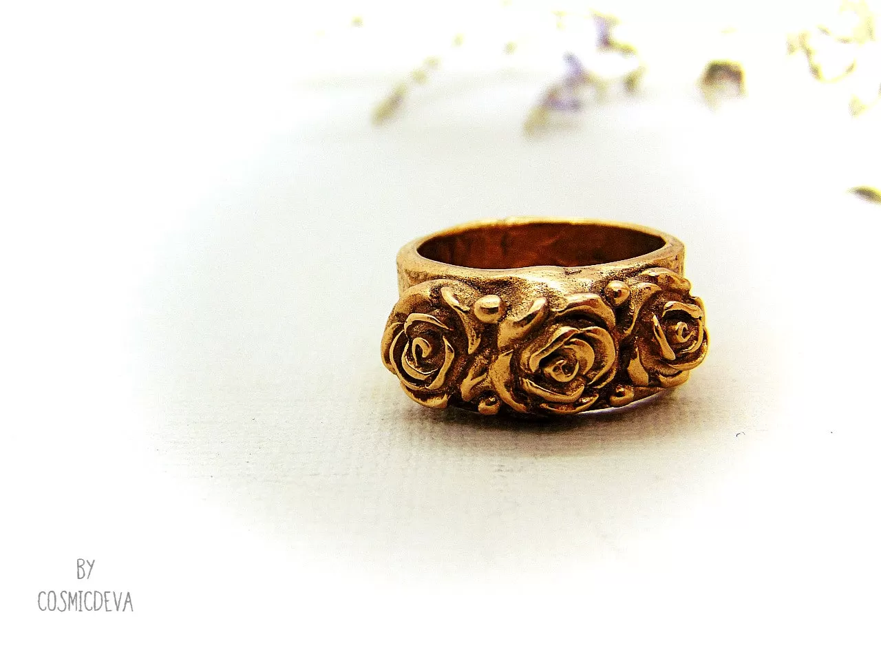 Gold Bronze Ring Three Roses,  Organic Bronze Ring Roman Style, US Size 6 1/2 Ring