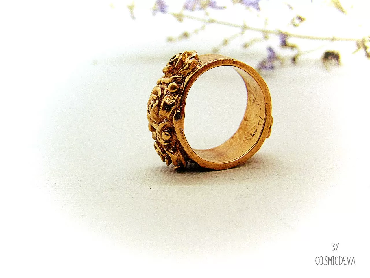 Gold Bronze Ring Three Roses,  Organic Bronze Ring Roman Style, US Size 6 1/2 Ring