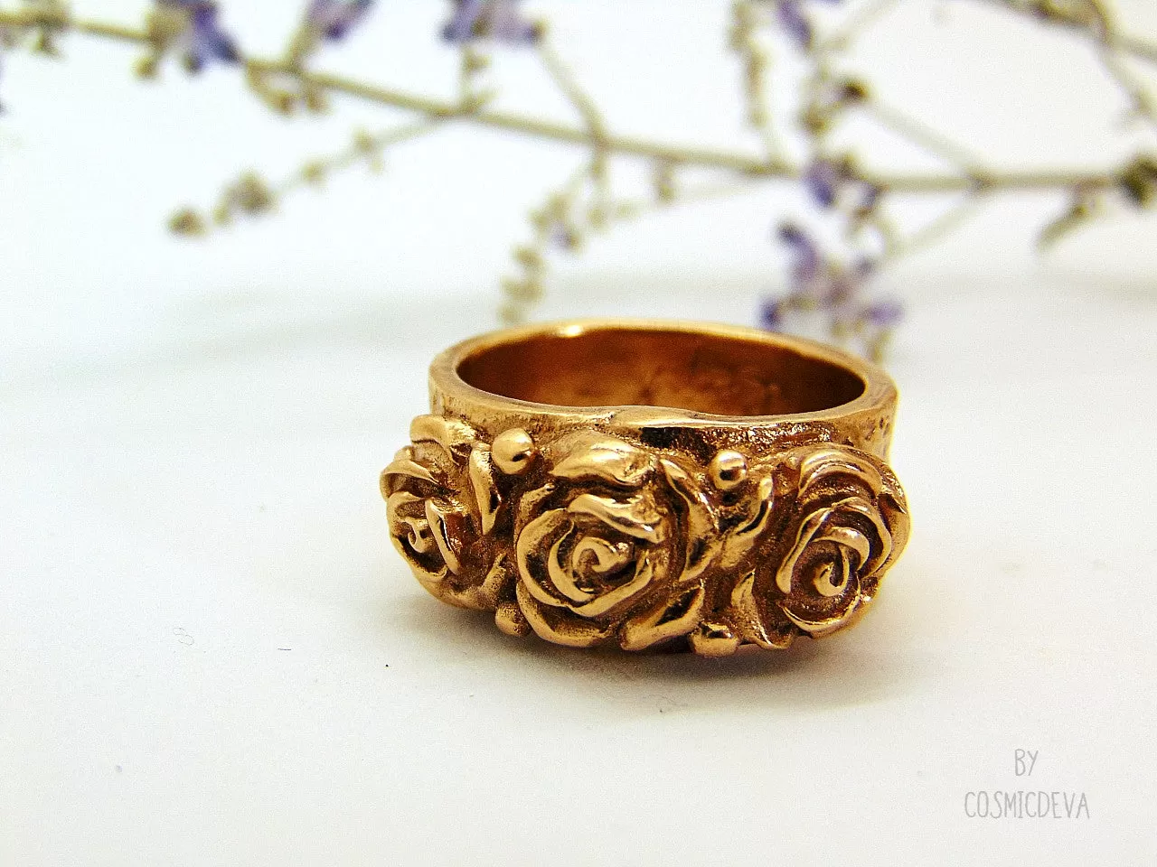 Gold Bronze Ring Three Roses,  Organic Bronze Ring Roman Style, US Size 6 1/2 Ring