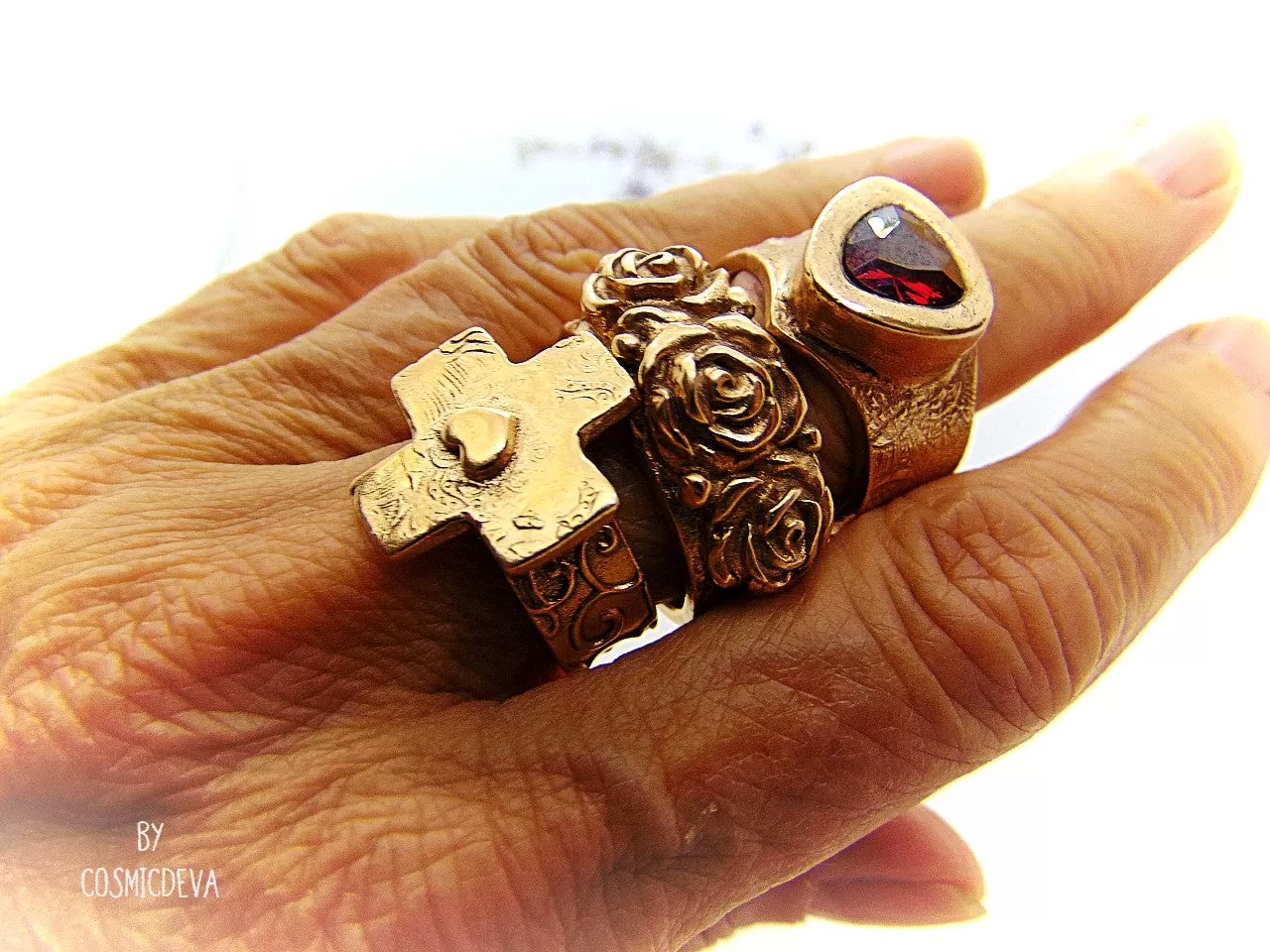 Gold Bronze Ring Three Roses,  Organic Bronze Ring Roman Style, US Size 6 1/2 Ring