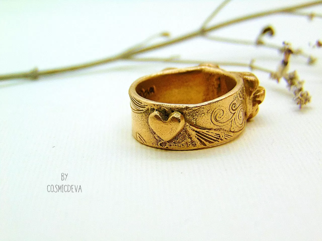 Gold Bronze Ring Three Roses,  Organic Bronze Ring Roman Style, US Size 6 1/2 Ring