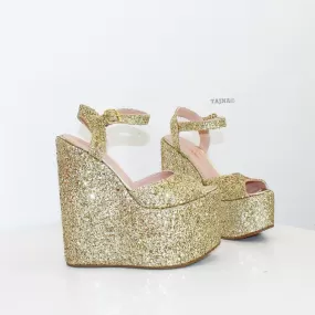 Gold Shiny Peep Toe Wedge Platform Shoes