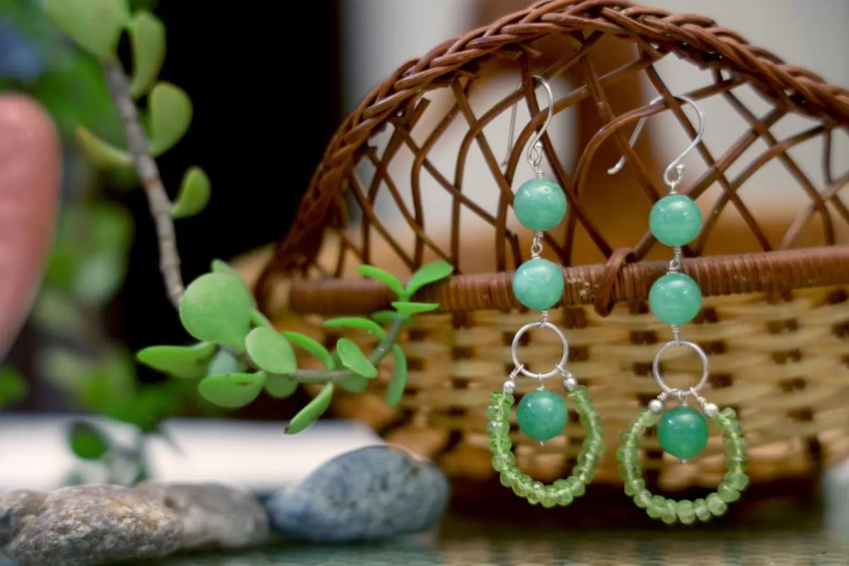 Green Aventurine Silver Earrings with Green Aventurine and Green Quartz Beads