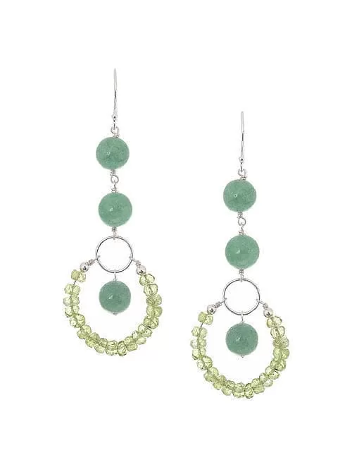 Green Aventurine Silver Earrings with Green Aventurine and Green Quartz Beads