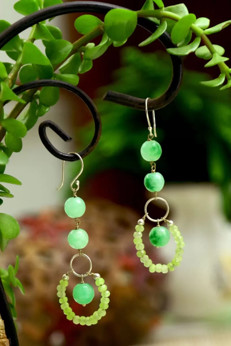 Green Aventurine Silver Earrings with Green Aventurine and Green Quartz Beads