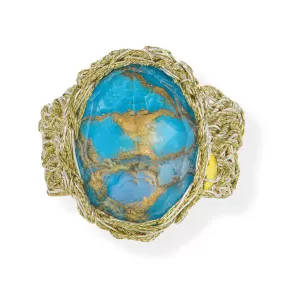 Handmade Gold Plated Crochet Ring With Turquoise Copper Gemstone