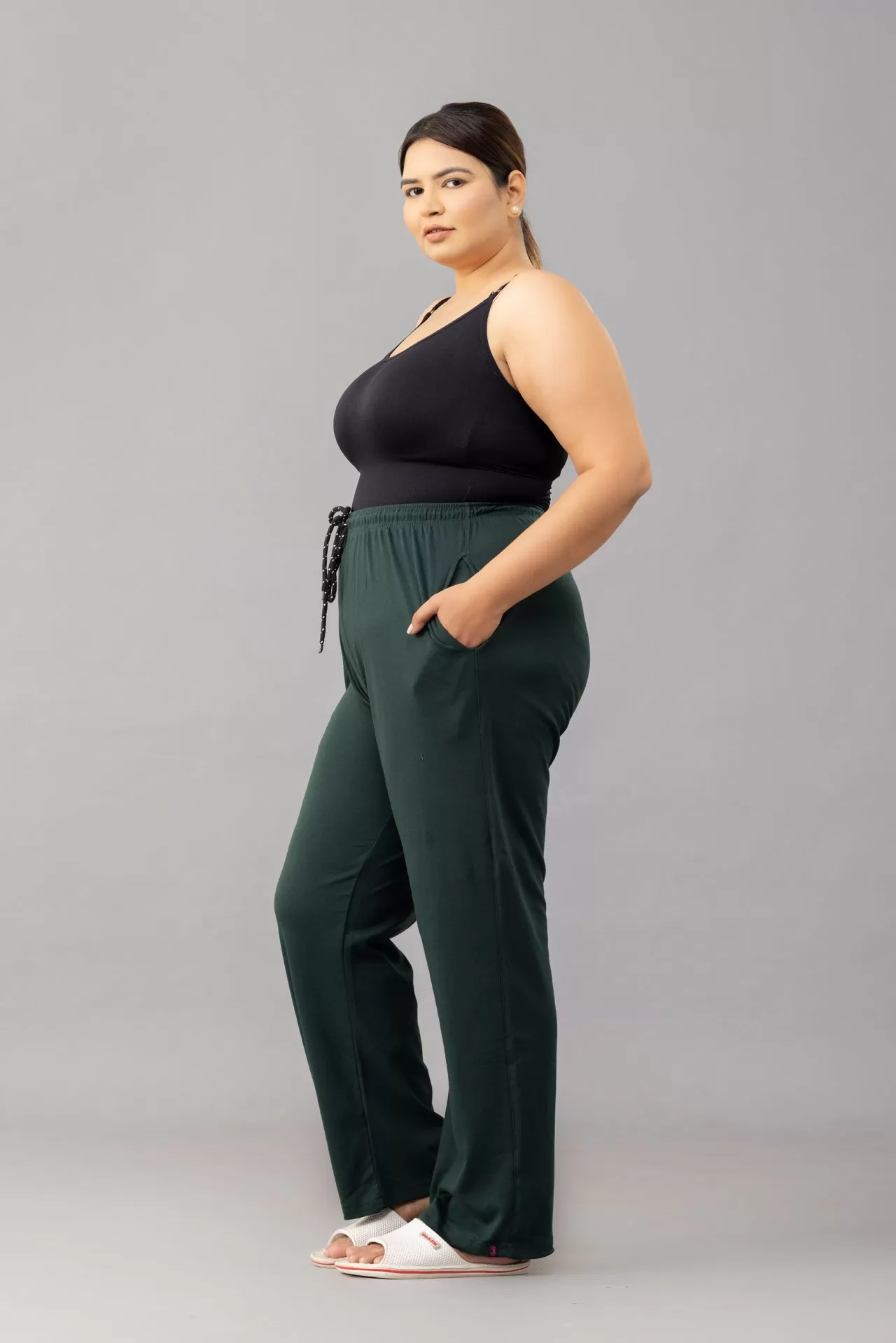 High Rise Cotton Straight  Bottle Green Trackpants(Available in Plus Size)