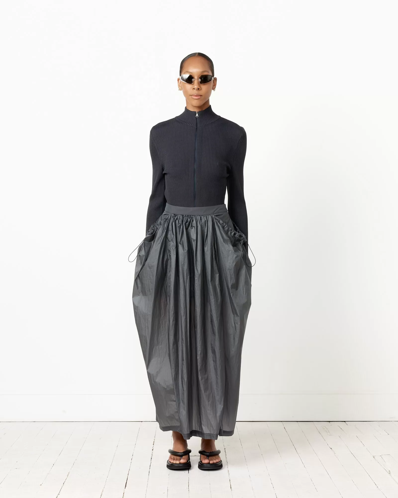 Layered Shirring Skirt in Navy