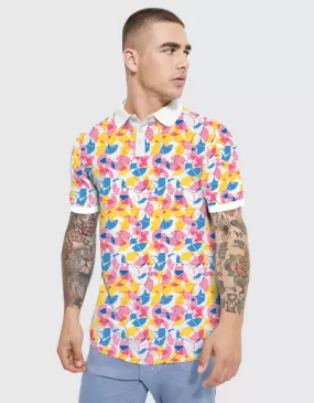 Leaf White All Over Floral Printed Polo Tshirt