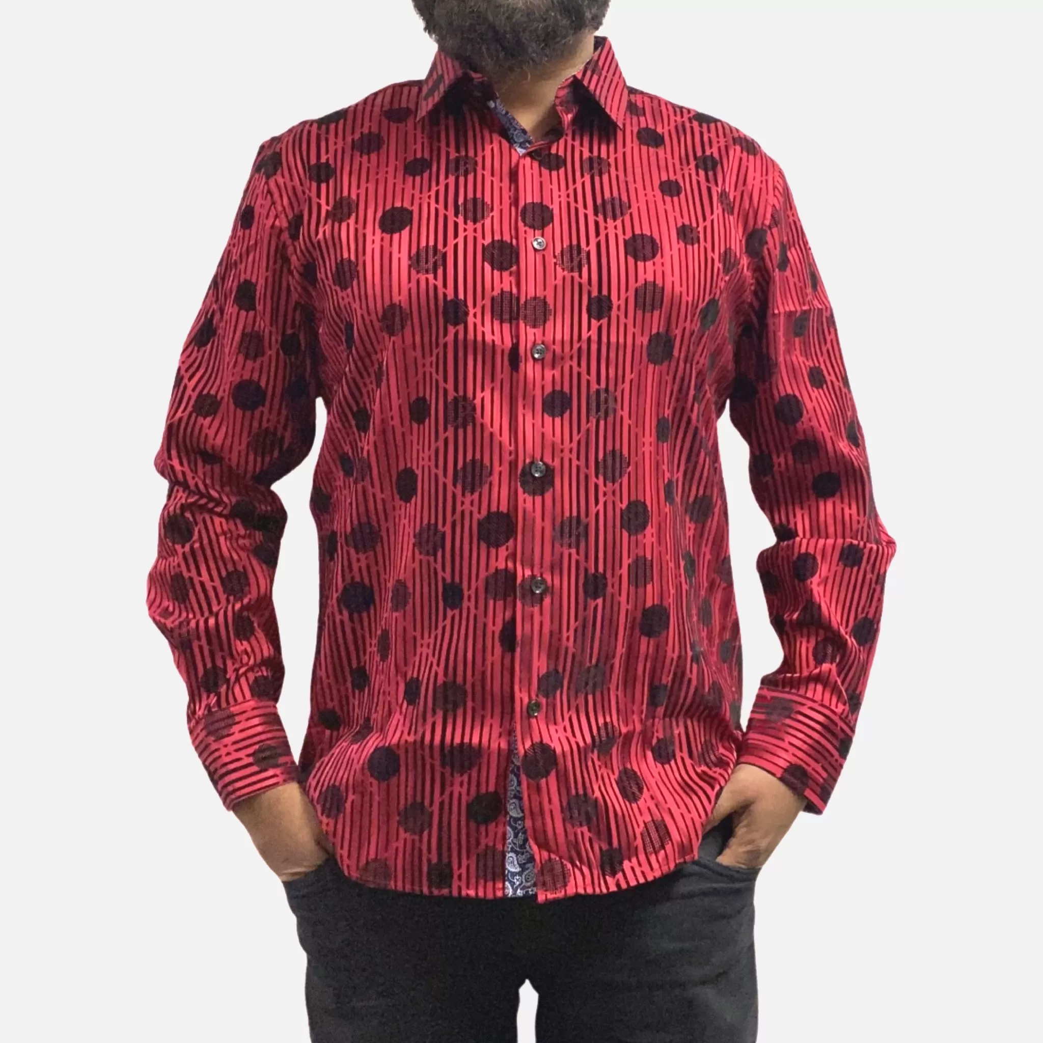 Men's Slim Fit Red Button-Up Shirt with Black Dot and Stripe Flocking Designer