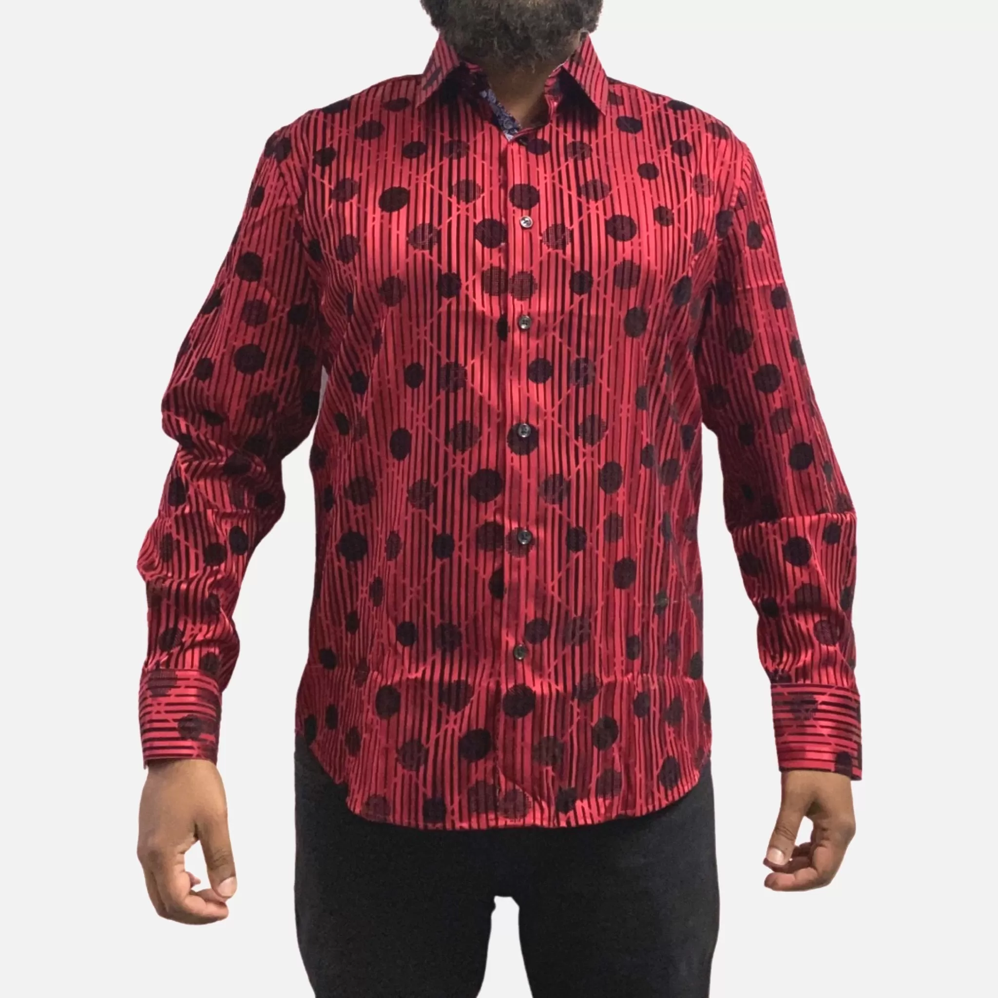 Men's Slim Fit Red Button-Up Shirt with Black Dot and Stripe Flocking Designer