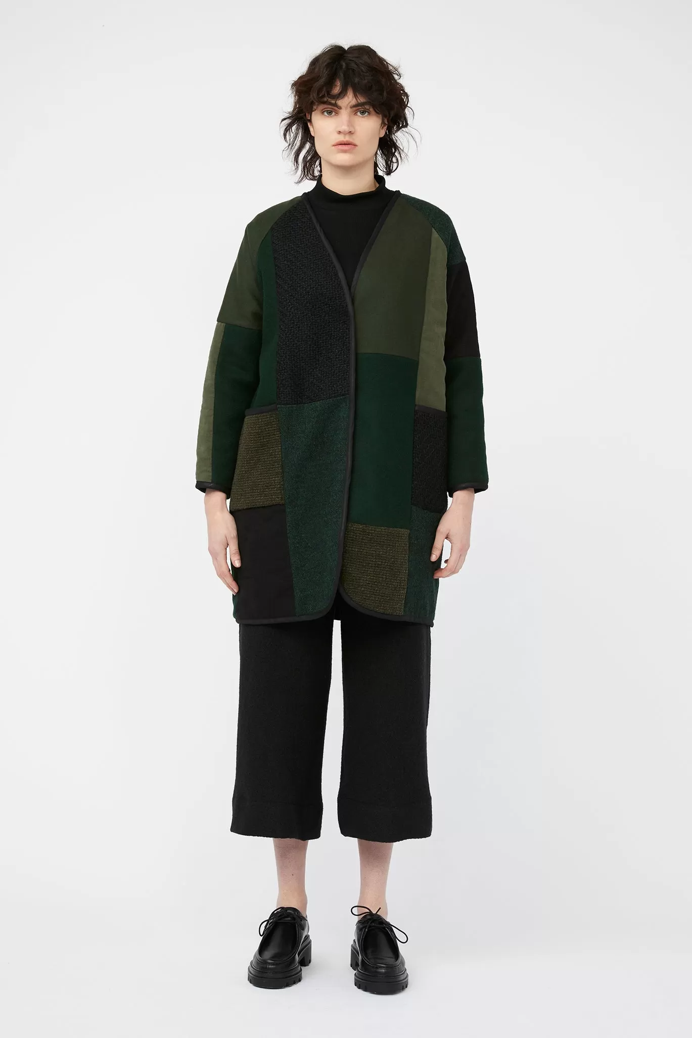 MOSAIC REVERSIBLE COAT ~ GREEN / BLACK [ Quilted Patchwork, Wool, Linen ] ~ Last Chance!