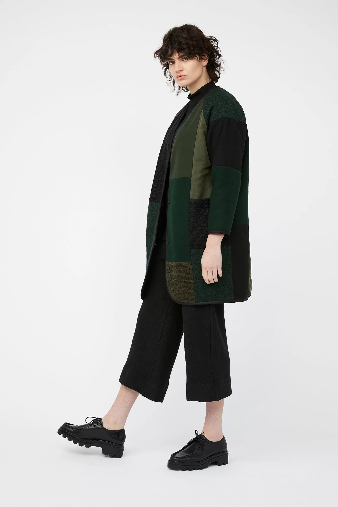 MOSAIC REVERSIBLE COAT ~ GREEN / BLACK [ Quilted Patchwork, Wool, Linen ] ~ Last Chance!