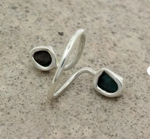 Natural Raw Green Emerald Healing Crystal May Birthstone Sterling Silver Adjustable Ring