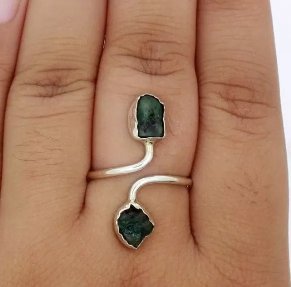 Natural Raw Green Emerald Healing Crystal May Birthstone Sterling Silver Adjustable Ring