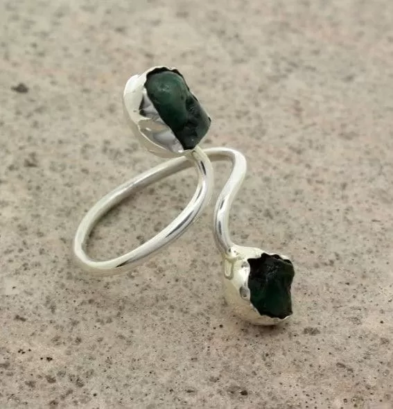 Natural Raw Green Emerald Healing Crystal May Birthstone Sterling Silver Adjustable Ring