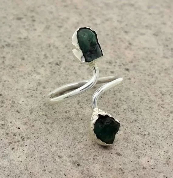 Natural Raw Green Emerald Healing Crystal May Birthstone Sterling Silver Adjustable Ring