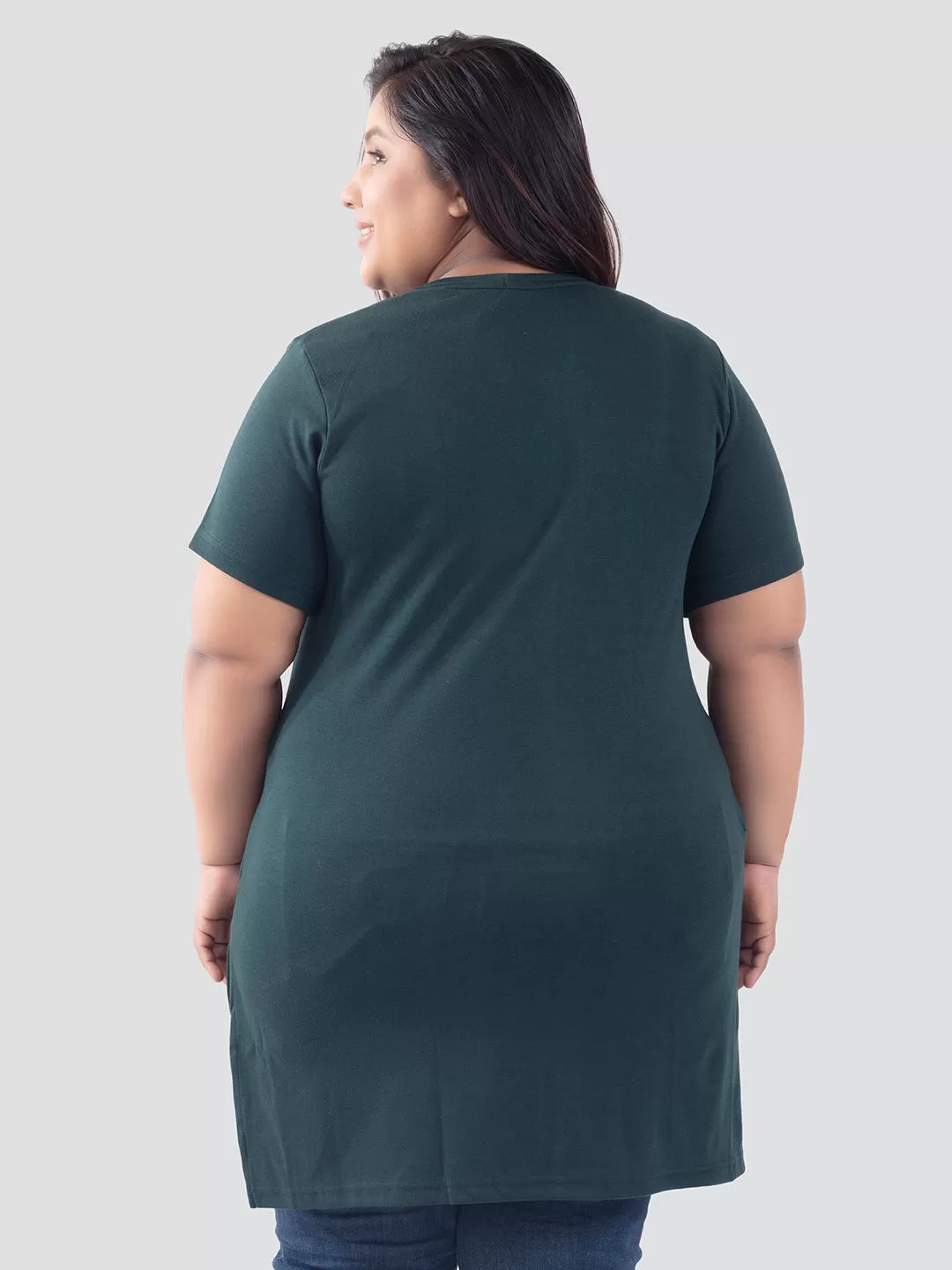 Plus Size Half Sleeves Long Top For Women - Bottle Green