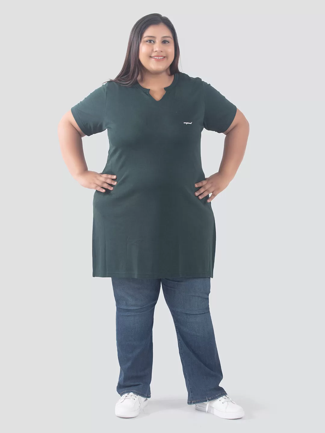 Plus Size Half Sleeves Long Top For Women - Bottle Green