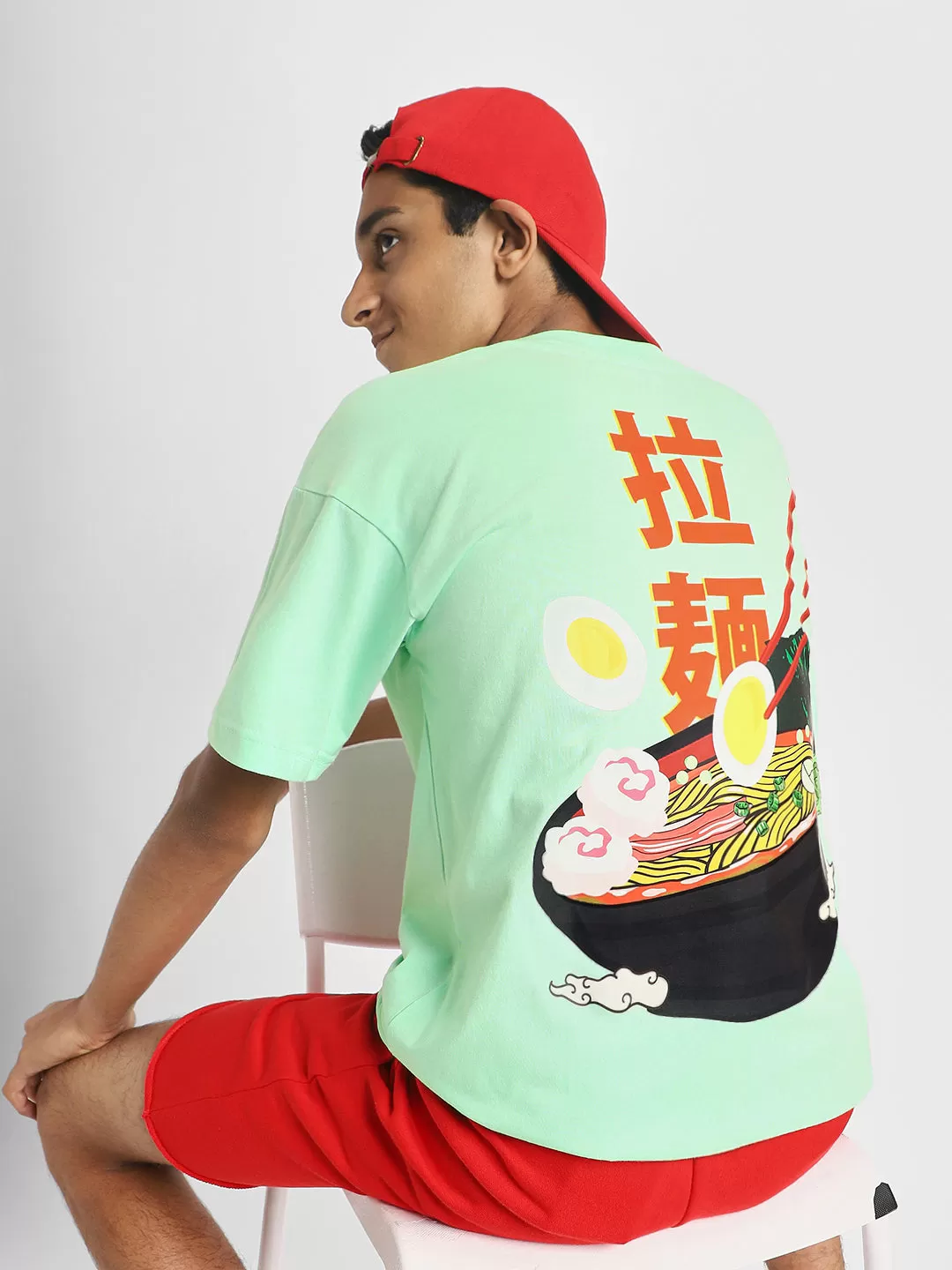 Ramen Noodle Green Oversized Graphic Back Printed Boys T-shirt