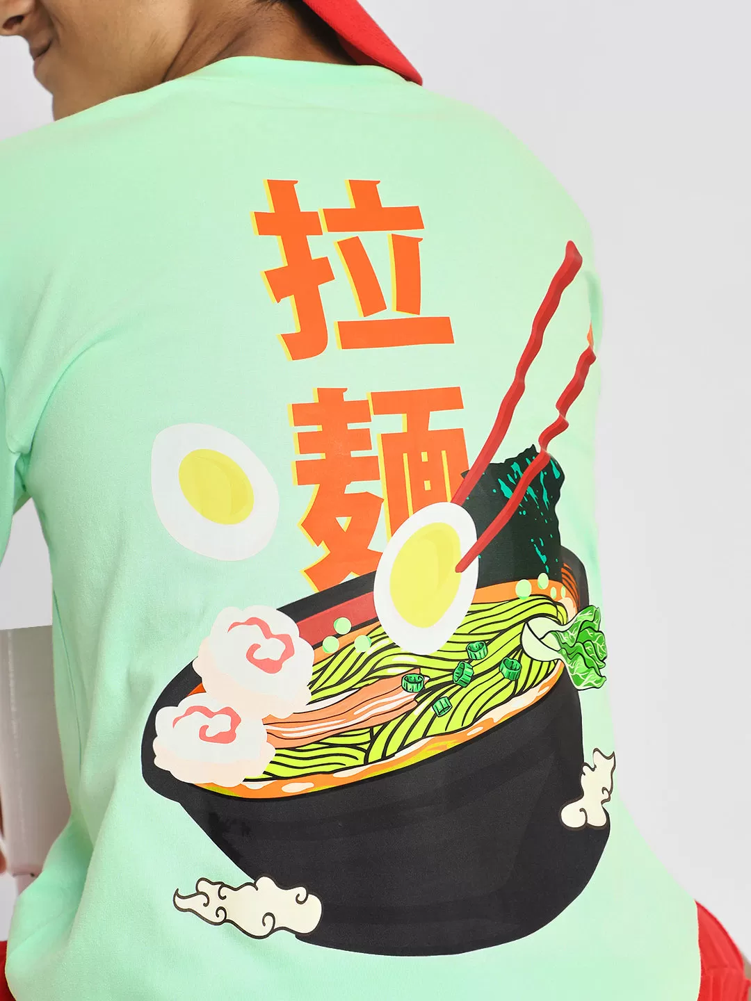 Ramen Noodle Green Oversized Graphic Back Printed Boys T-shirt