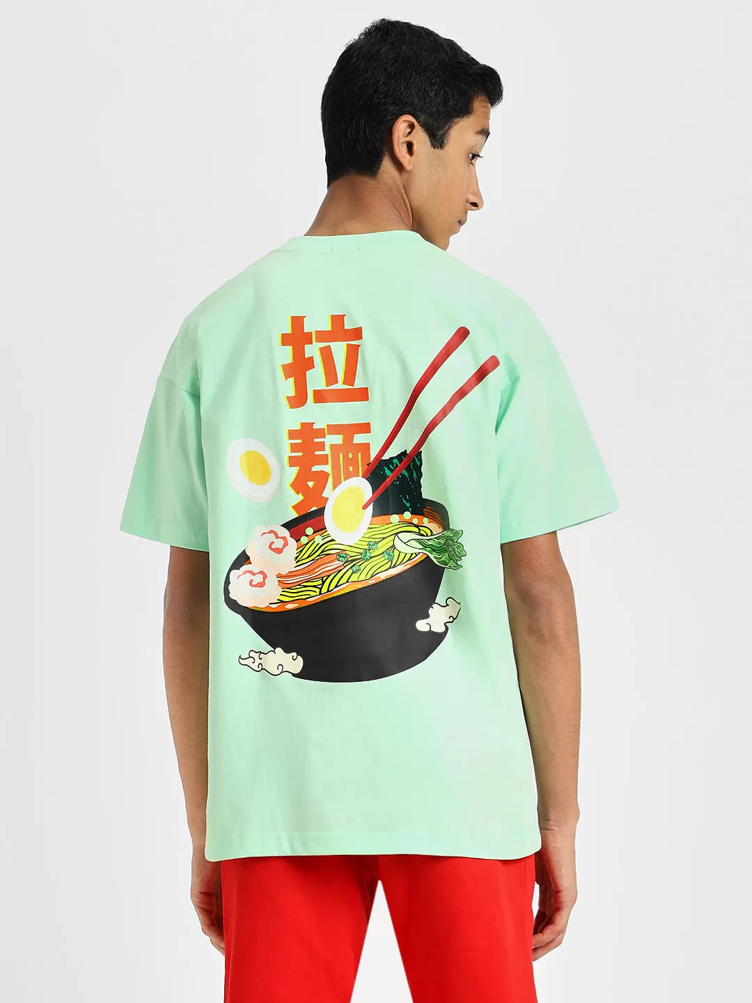 Ramen Noodle Green Oversized Graphic Back Printed Boys T-shirt