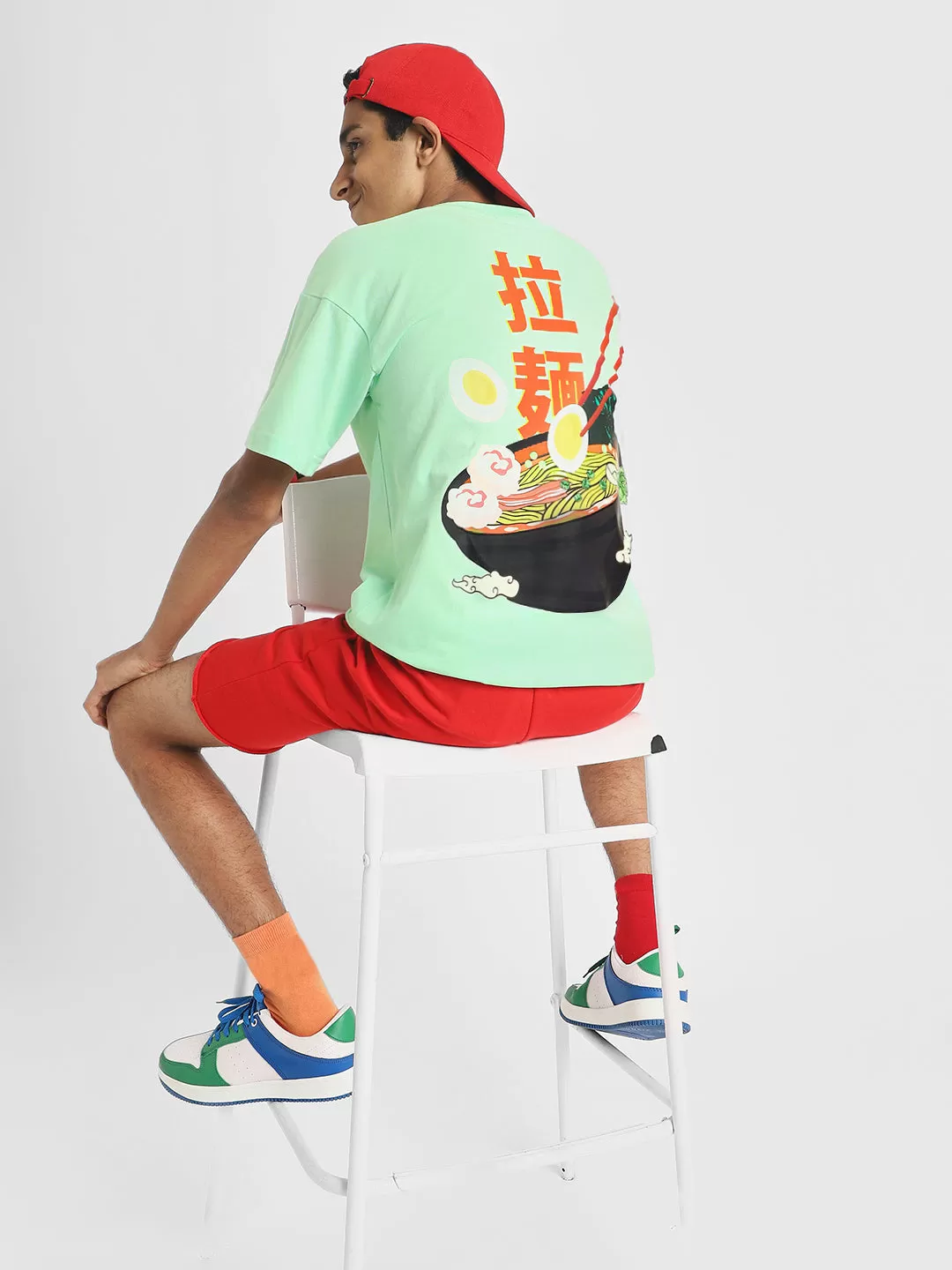 Ramen Noodle Green Oversized Graphic Back Printed Boys T-shirt