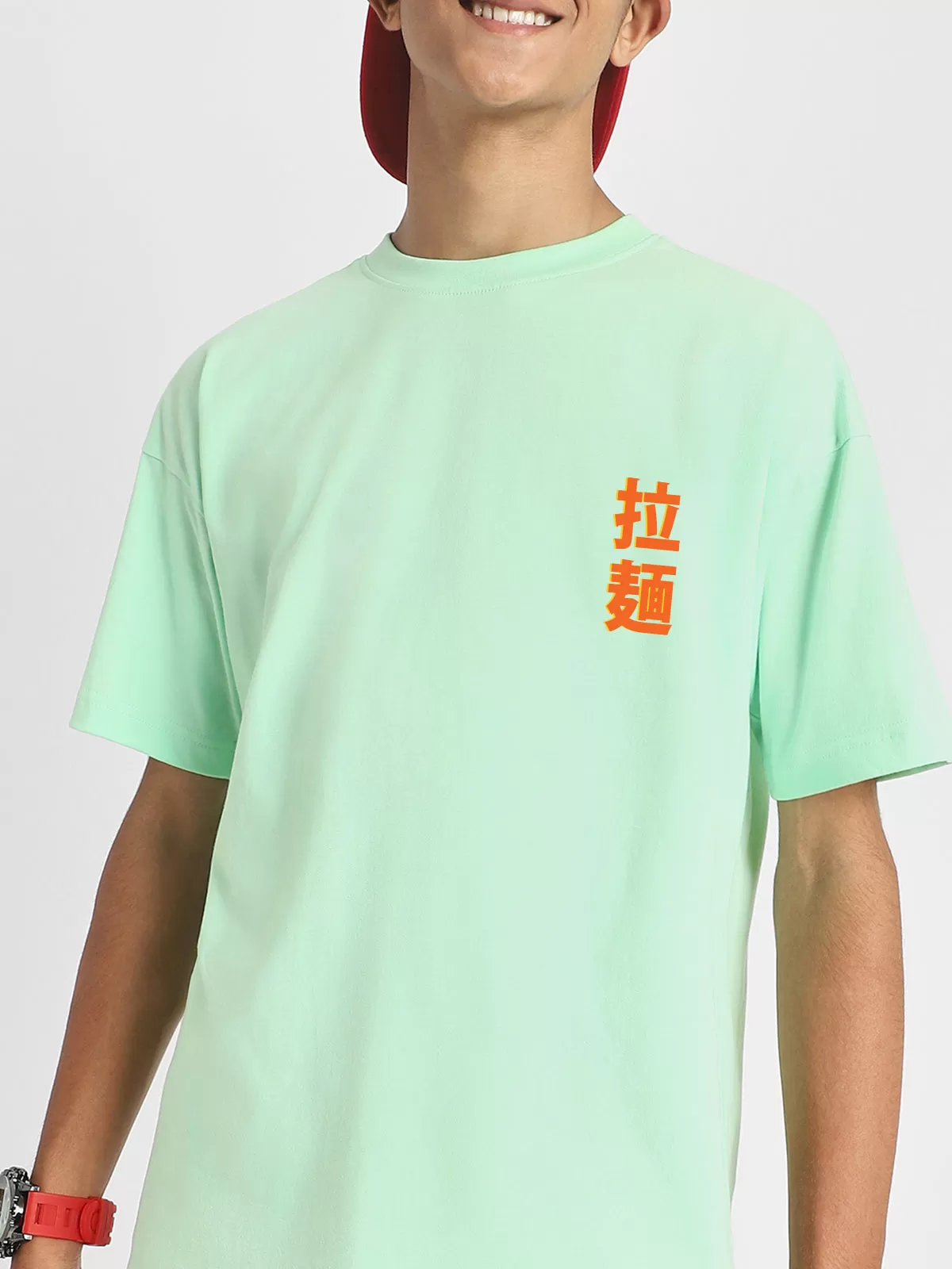 Ramen Noodle Green Oversized Graphic Back Printed Boys T-shirt